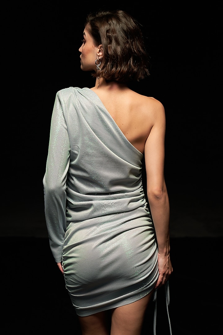 Bluish-Green Metallic Lycra One-Shoulder Holographic Mini Summer Dress by Priyanca Khanna at Pernia's Pop Up Shop