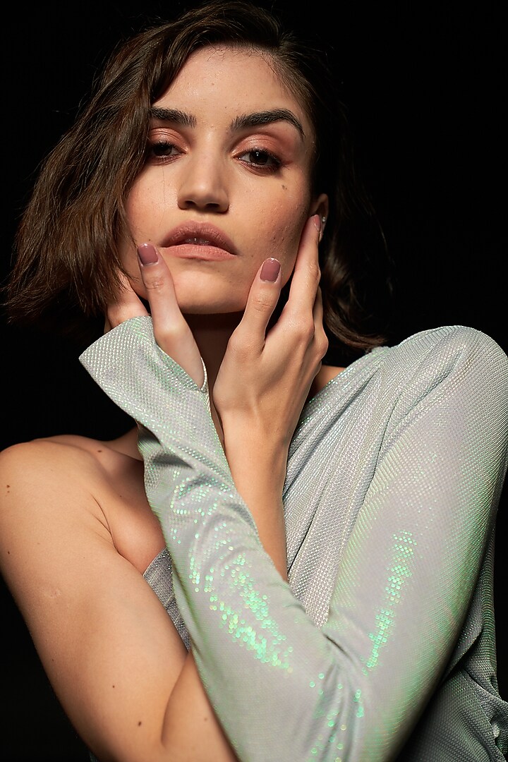 Bluish-Green Metallic Lycra One-Shoulder Holographic Mini Summer Dress by Priyanca Khanna at Pernia's Pop Up Shop