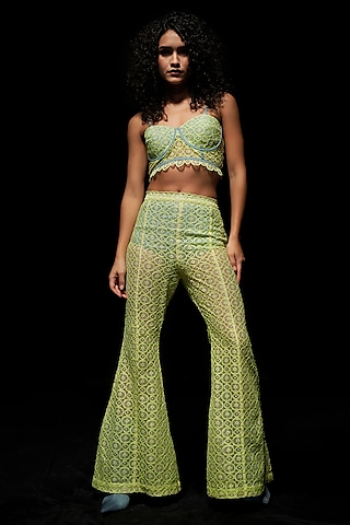 Neon Semi-Sheer Chantilly Bell Bottom Pant Set by Priyanca Khanna