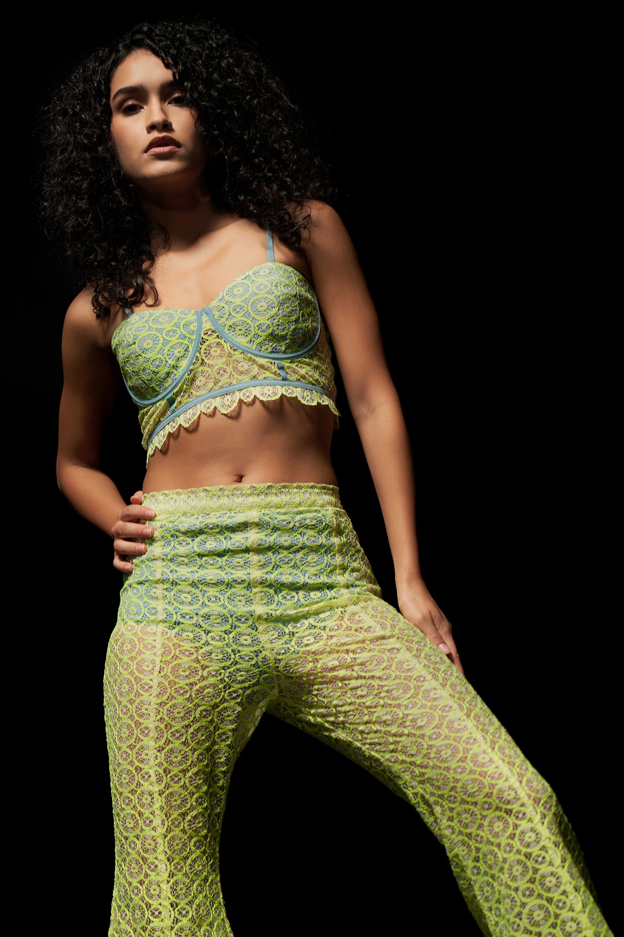 Neon Semi-Sheer Chantilly Bell Bottom Pant Set by Priyanca Khanna