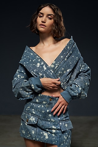 Blue Denim Tie-Dye Printed Bomber Jacket by Priyanca Khanna