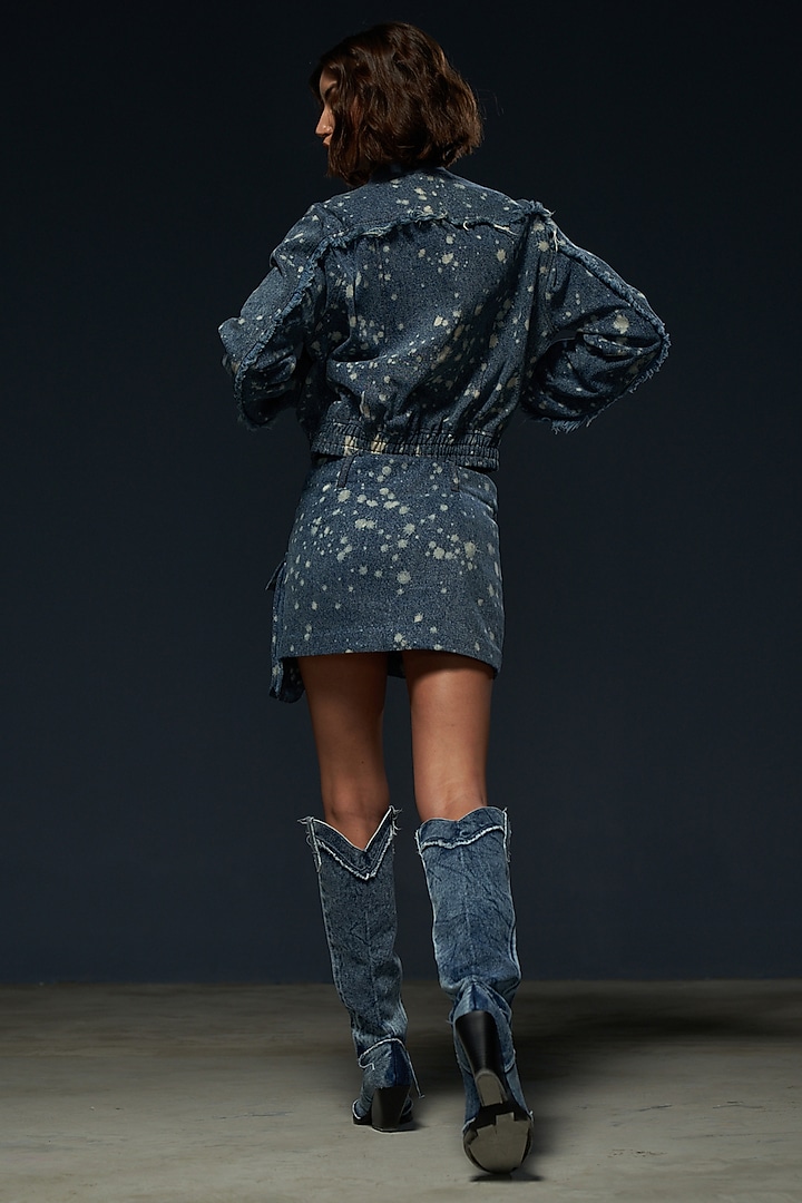 Blue Denim Tie-Dye Printed Bomber Jacket by Priyanca Khanna at Pernia's Pop Up Shop