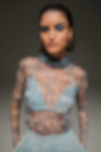 Blue Soft Lycra Net Digital Printed Bodysuit by Priyanca Khanna