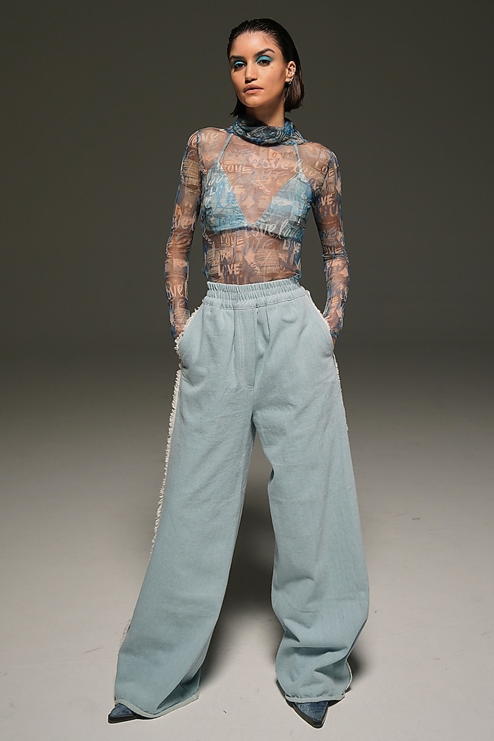 Blue Soft Lycra Net Digital Printed Bodysuit by Priyanca Khanna at Pernia's Pop Up Shop