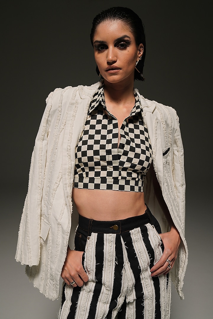 Black & White Cotton Checkered Crop Top by Priyanca Khanna