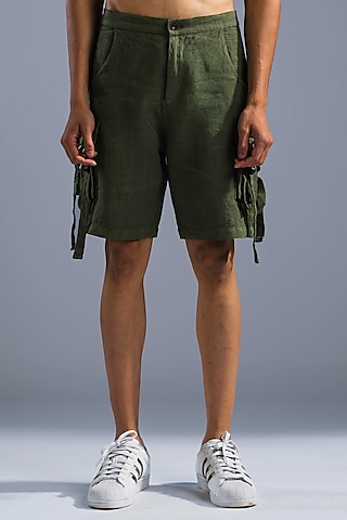 Green Organic Linen Cargo Shorts by Primal Gray Men