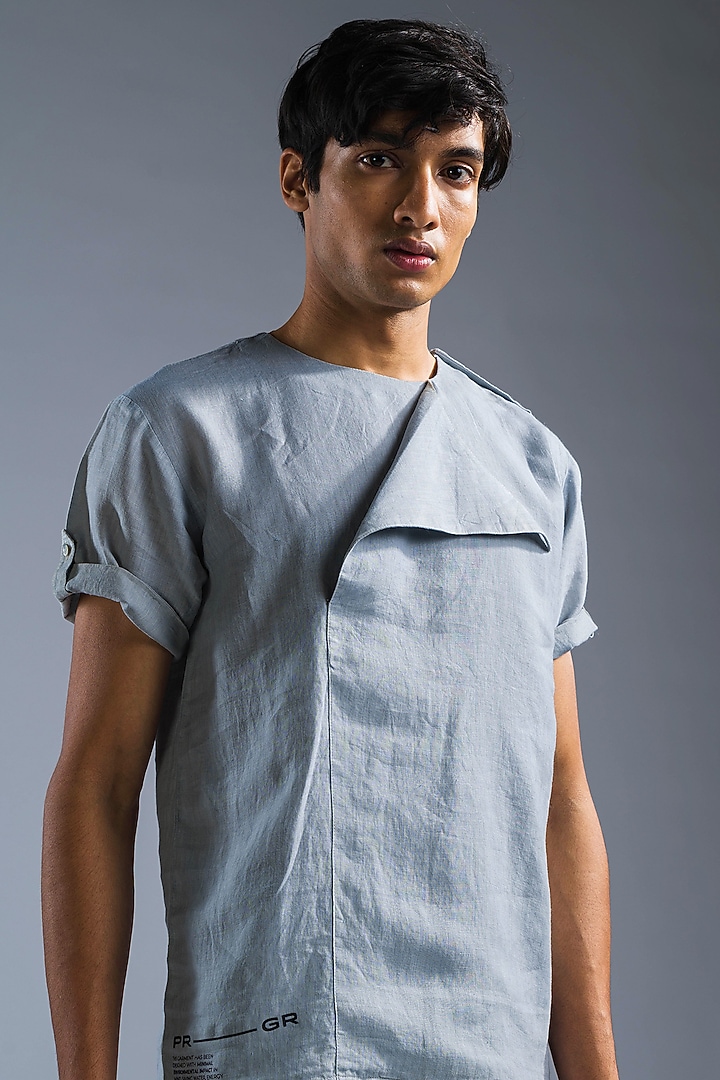 Ice Blue Organic Linen Summer Shirt by Primal Gray Men at Pernia's Pop Up Shop