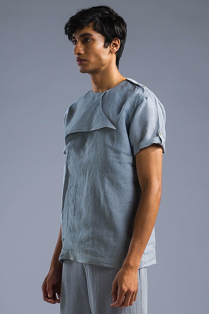Ice Blue Organic Linen Summer Shirt by Primal Gray Men at Pernia's Pop Up Shop