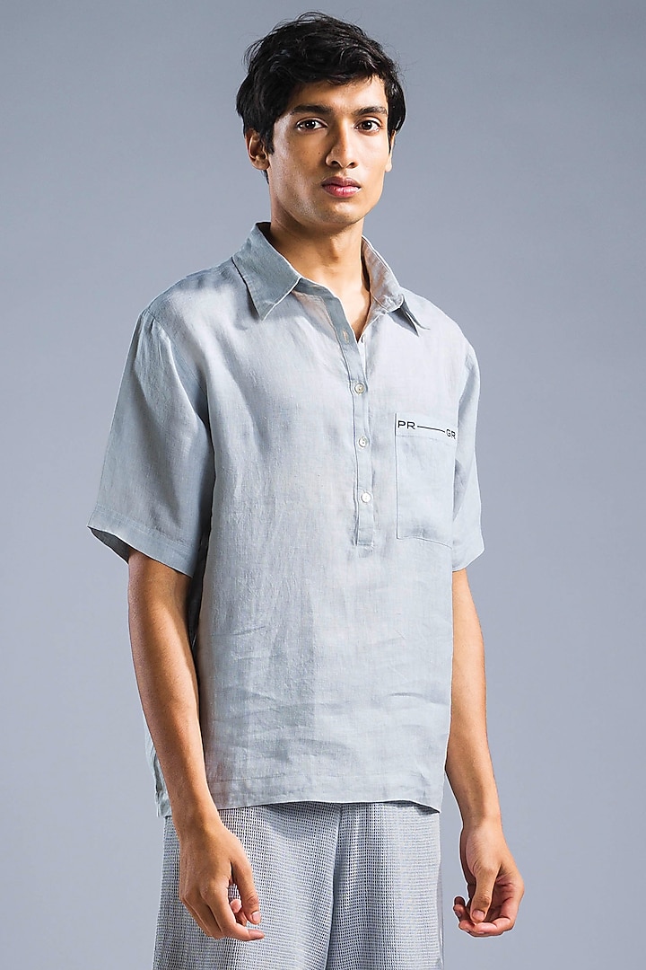 Ice Blue Organic Linen Oversize Kimono Shirt by Primal Gray Men
