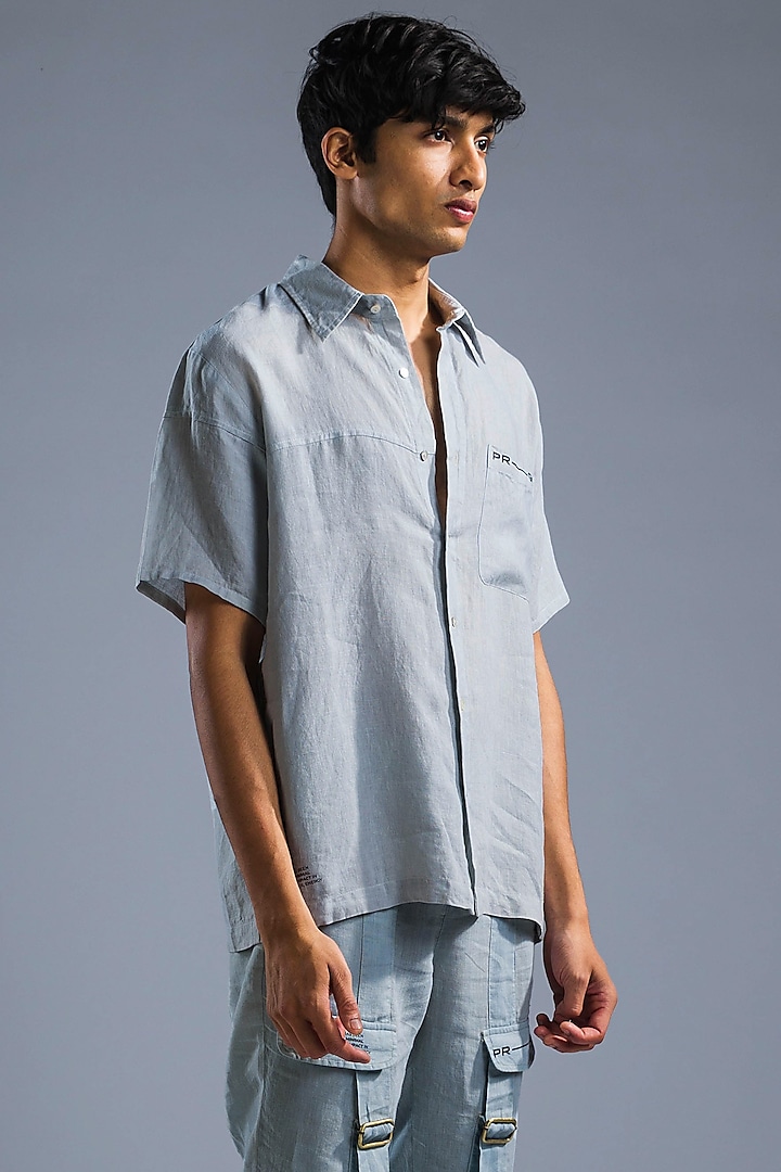 Ice Blue Organic Linen Oversize Shirt by Primal Gray Men