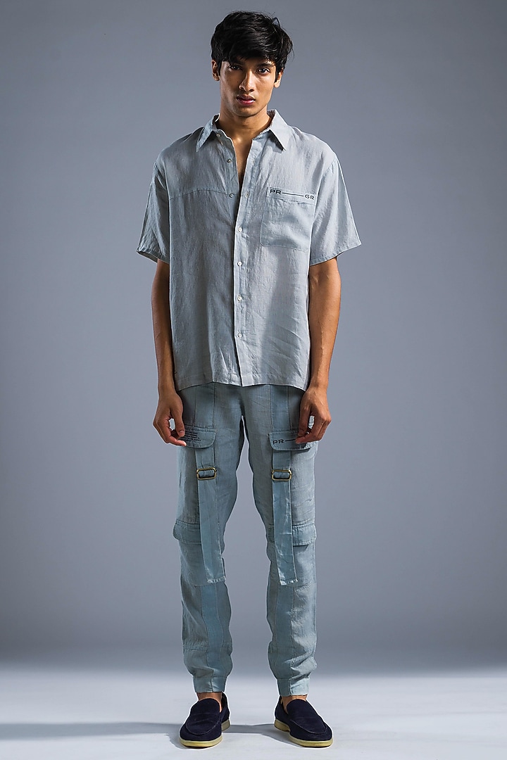 Ice Blue Organic Linen Oversize Party Wear Shirt by Primal Gray Men at Pernia's Pop Up Shop