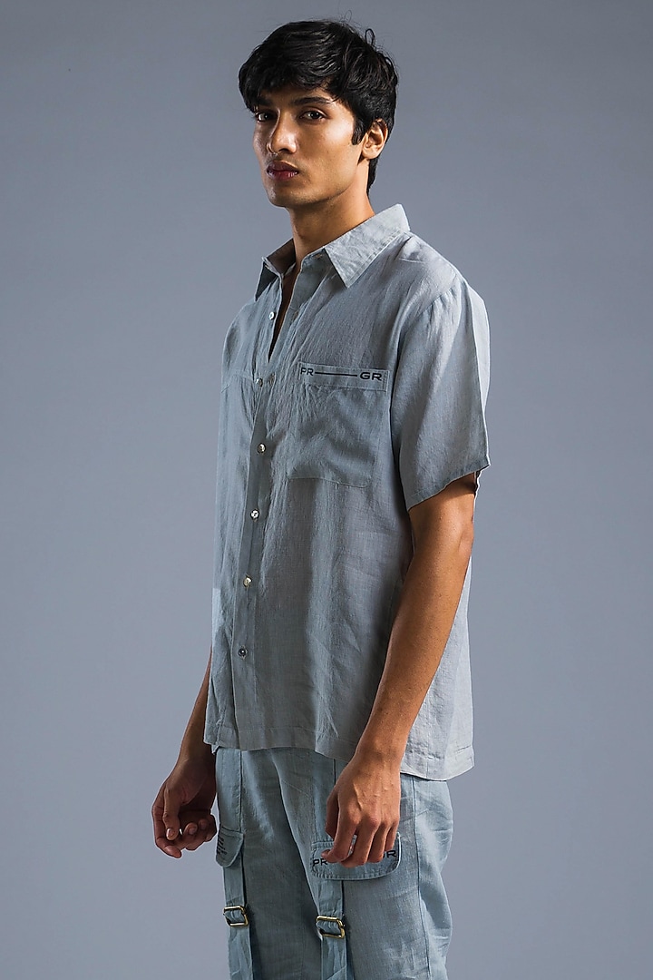 Ice Blue Organic Linen Oversize Party Wear Shirt by Primal Gray Men at Pernia's Pop Up Shop