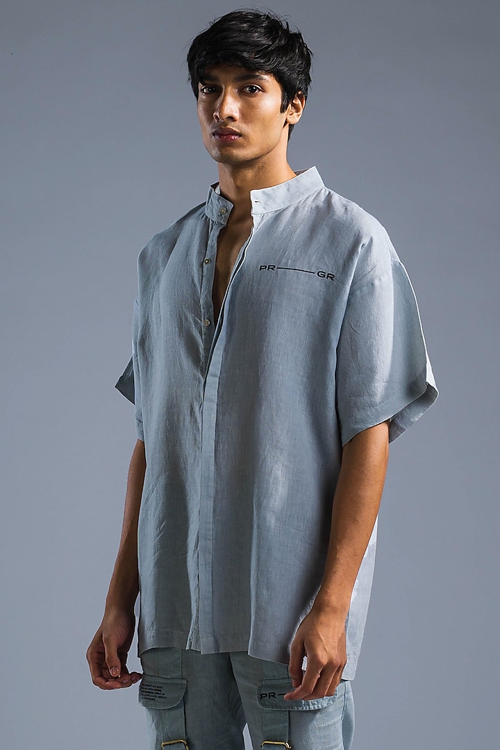 Ice Blue Organic Linen Shirt by Primal Gray Men