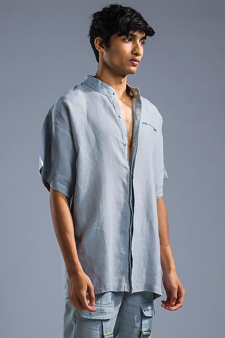 Ice Blue Organic Linen Party Wear Shirt by Primal Gray Men at Pernia's Pop Up Shop