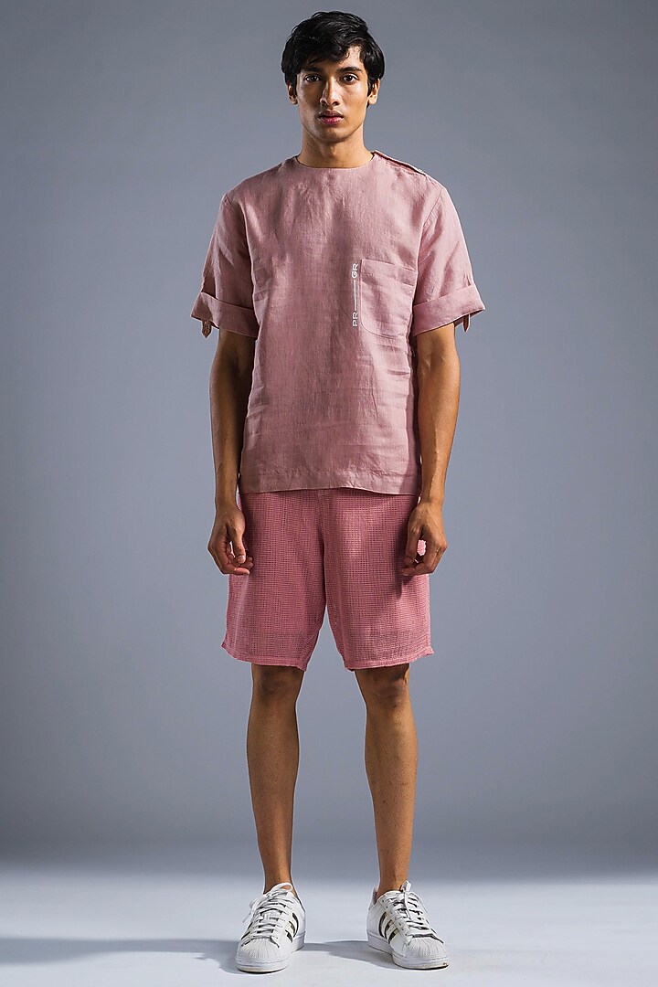 Dusty Pink Organic Linen Party Wear Shirt by Primal Gray Men at Pernia's Pop Up Shop