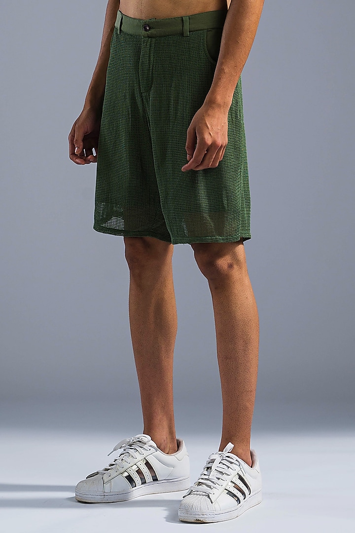 Green Cotton Blend & Cotton Net Shorts by Primal Gray Men