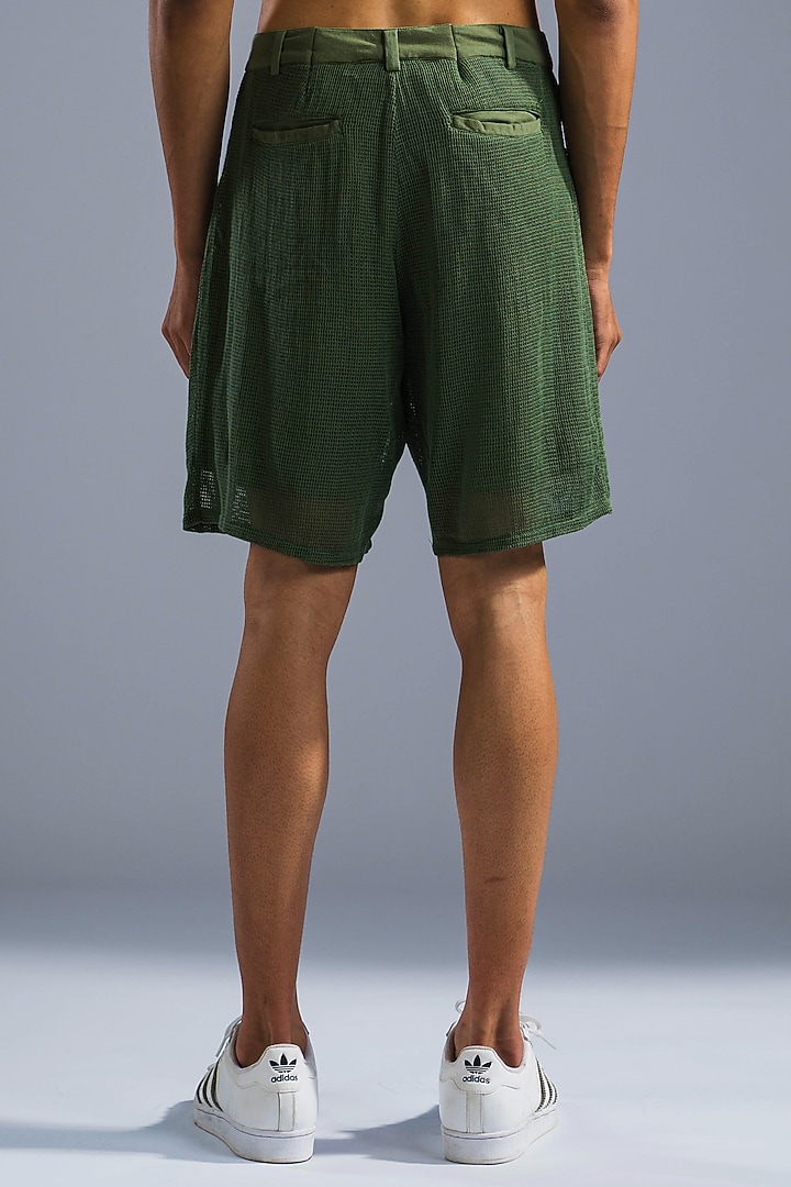 Green Cotton Blend & Cotton Net Shorts by Primal Gray Men at Pernia's Pop Up Shop