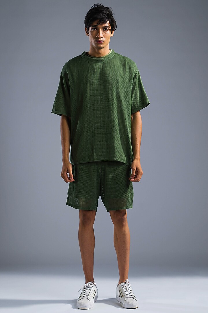 Green Cotton Blend & Cotton Net Shorts by Primal Gray Men at Pernia's Pop Up Shop