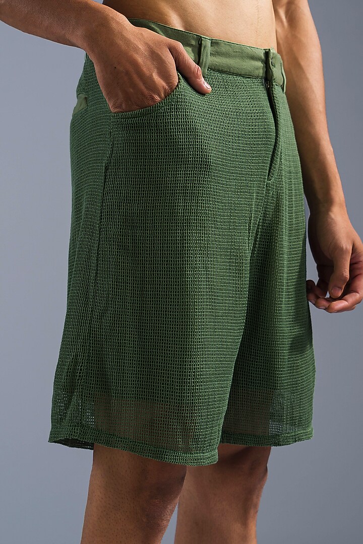 Green Cotton Blend & Cotton Net Shorts by Primal Gray Men at Pernia's Pop Up Shop