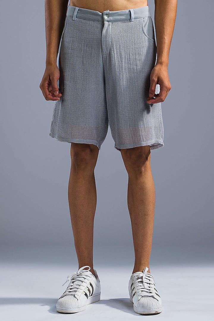 Ice Blue Cotton Blend & Cotton Net Shorts by Primal Gray Men
