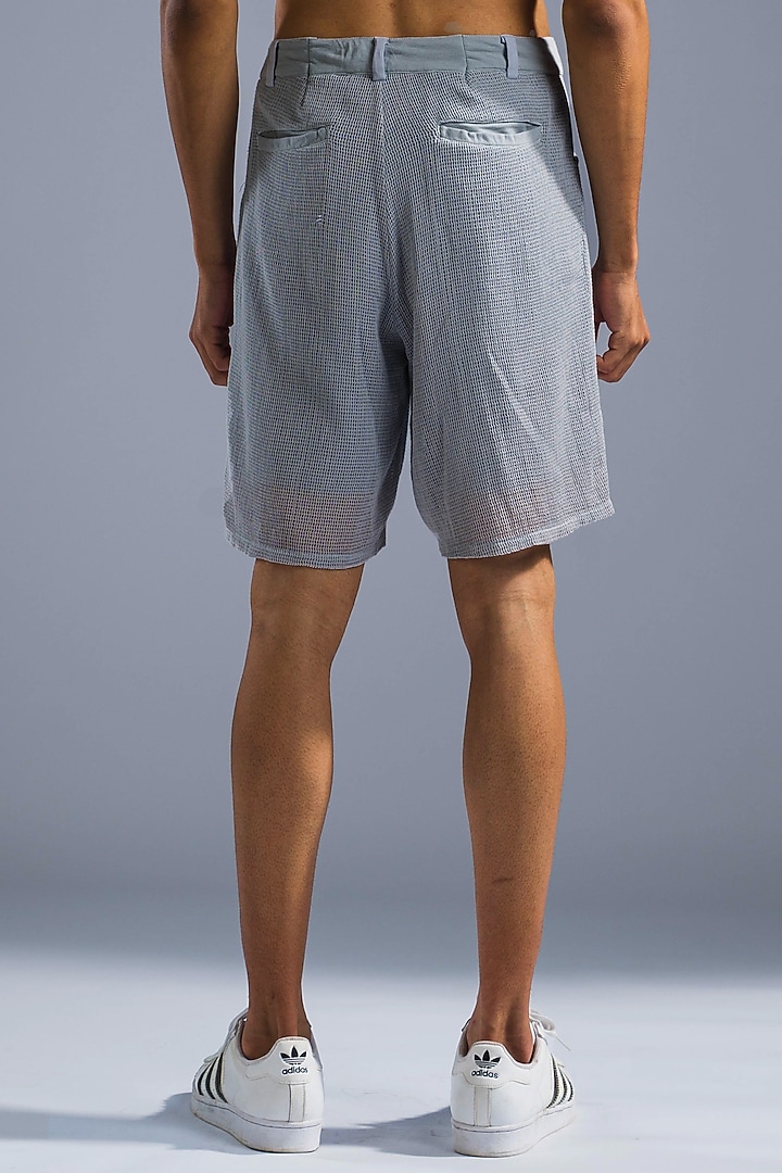 Ice Blue Cotton Blend & Cotton Net Shorts by Primal Gray Men at Pernia's Pop Up Shop