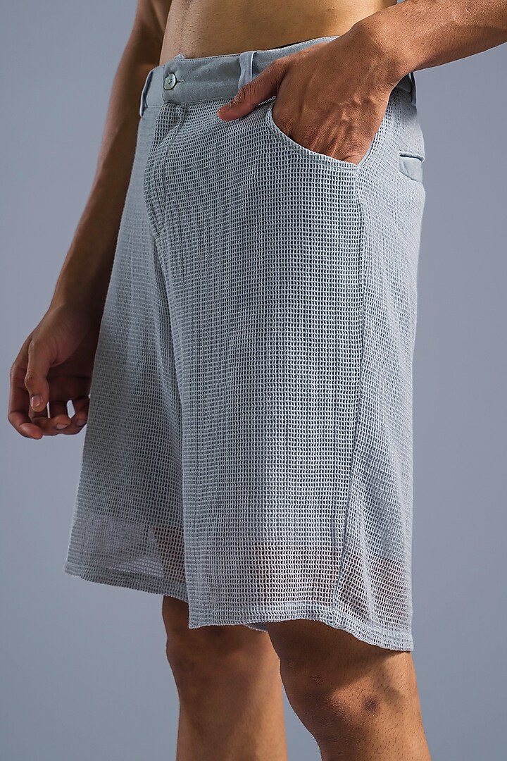 Ice Blue Cotton Blend & Cotton Net Shorts by Primal Gray Men at Pernia's Pop Up Shop