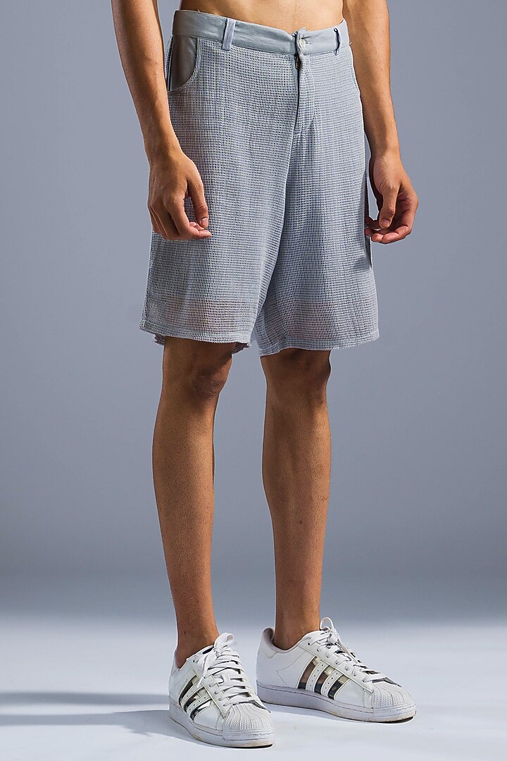 Ice Blue Cotton Blend & Cotton Net Shorts by Primal Gray Men at Pernia's Pop Up Shop