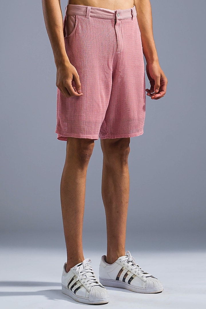 Dusty Pink Cotton Blend & Cotton Net Shorts by Primal Gray Men at Pernia's Pop Up Shop