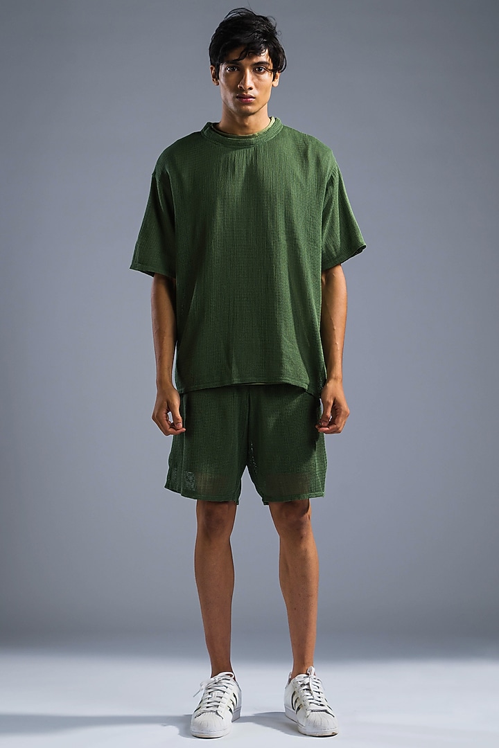 Green Cotton Modal Blend & Cotton Net T-Shirt by Primal Gray Men at Pernia's Pop Up Shop