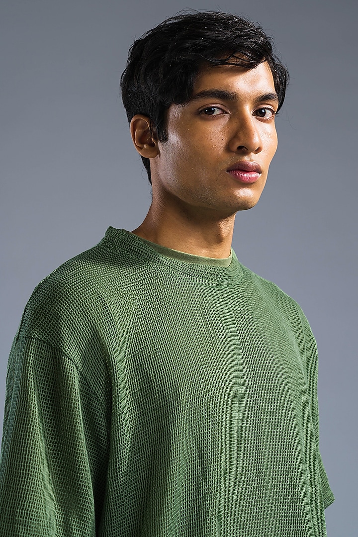 Green Cotton Modal Blend & Cotton Net T-Shirt by Primal Gray Men at Pernia's Pop Up Shop