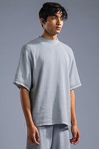 Ice Blue Cotton Modal Blend & Cotton Net T-Shirt by Primal Gray Men