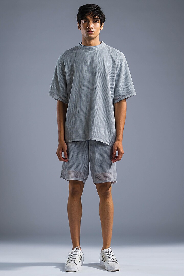 Ice Blue Cotton Modal Blend & Cotton Net T-Shirt by Primal Gray Men at Pernia's Pop Up Shop