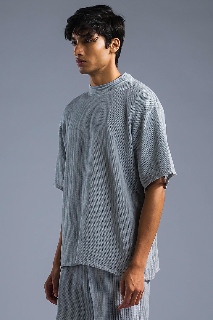 Ice Blue Cotton Modal Blend & Cotton Net T-Shirt by Primal Gray Men at Pernia's Pop Up Shop
