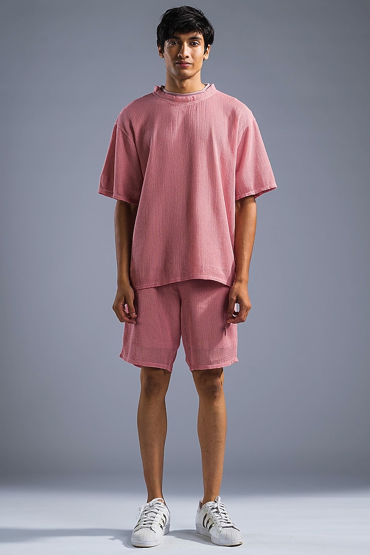 Dusty Pink Cotton Modal Blend & Cotton Net T-Shirt by Primal Gray Men at Pernia's Pop Up Shop
