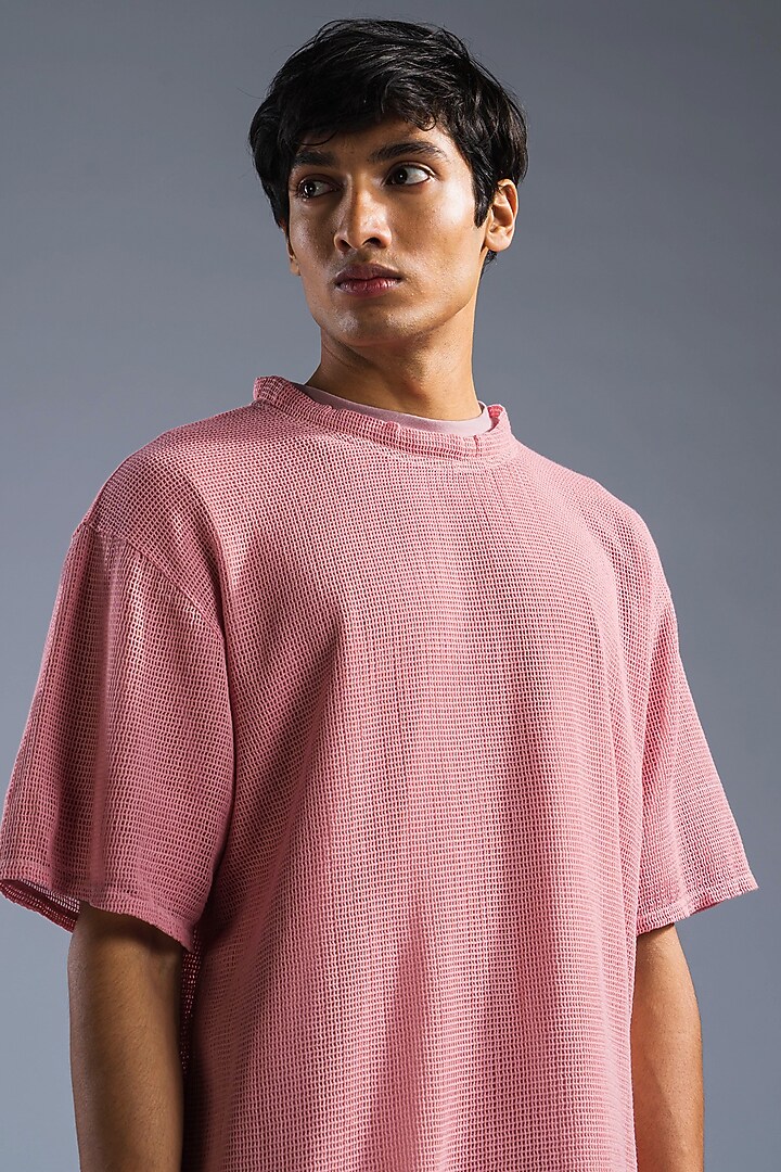 Dusty Pink Cotton Modal Blend & Cotton Net T-Shirt by Primal Gray Men at Pernia's Pop Up Shop