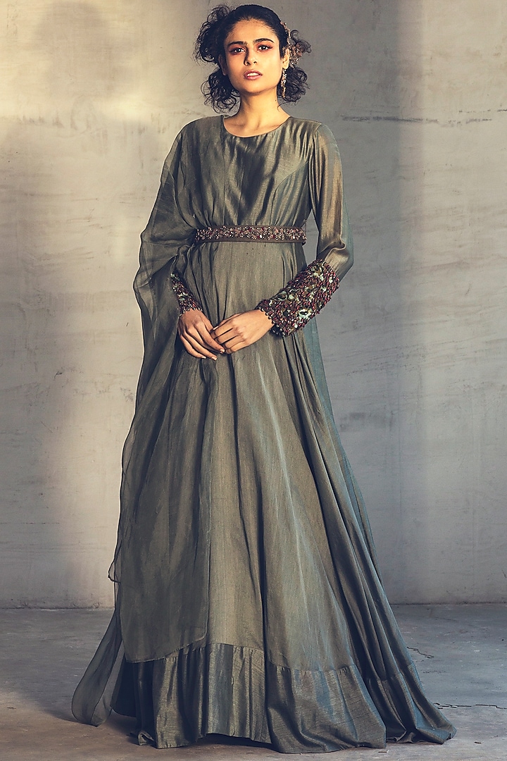 Sage Green Anarkali Set With Belt by Parul & Preyanka