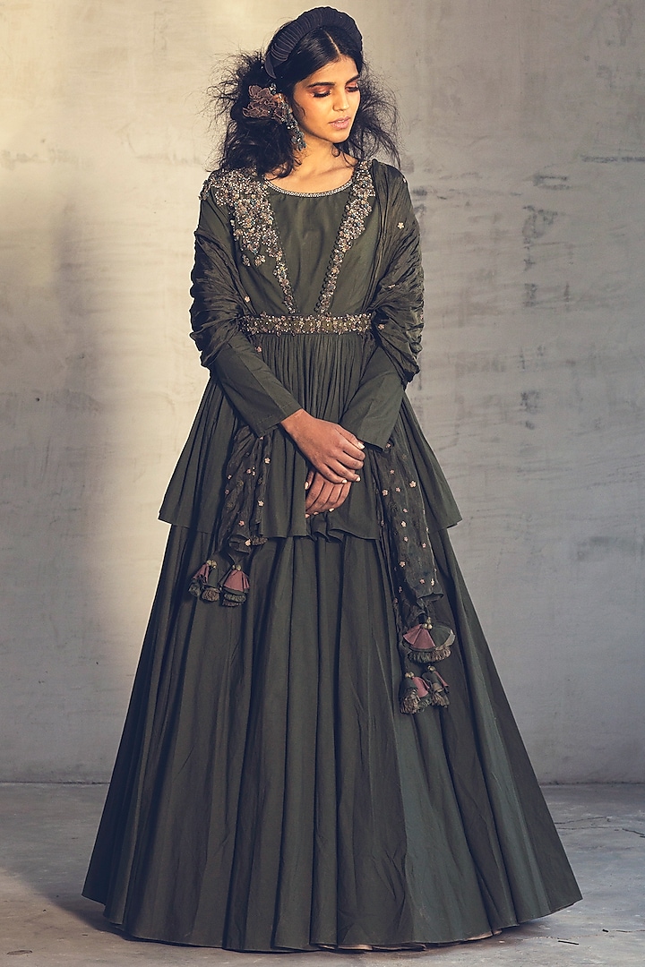 Olive Green Embroidered Anarkali Set With Belt by Parul & Preyanka