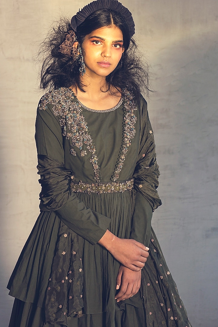 Olive Green Embroidered Wedding Anarkali Set With Belt by Parul & Preyanka at Pernia's Pop Up Shop