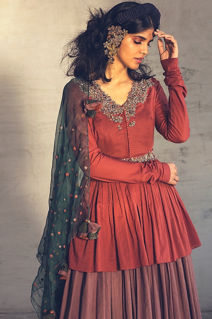Rust Brown Embroidered Jacket Set With Dupatta by Parul & Preyanka