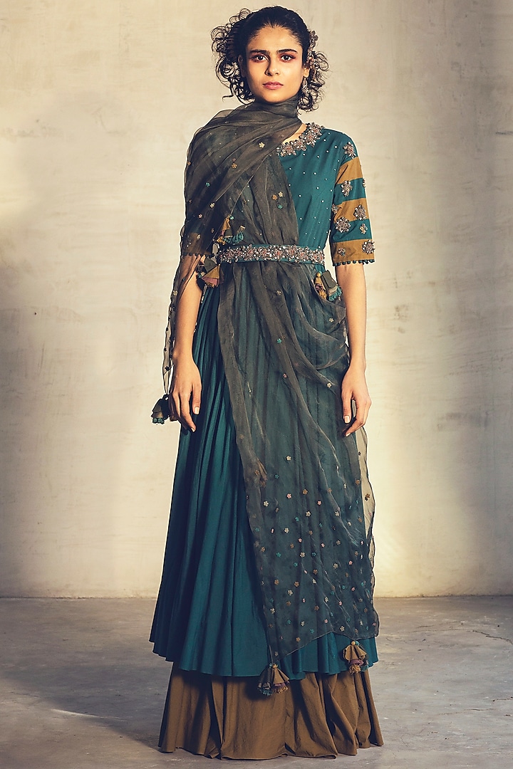 Teal Green Embroidered Anarkali Set by Parul & Preyanka at Pernia's Pop Up Shop