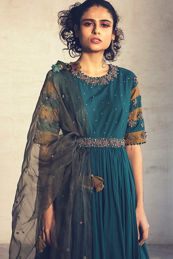 Teal Green Embroidered Party Wear Anarkali Set by Parul & Preyanka at Pernia's Pop Up Shop