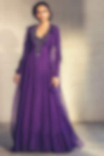 Purple Embroidered Anarkali With Cape by Parul & Preyanka