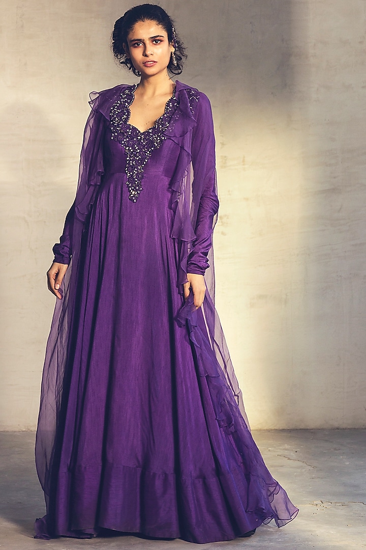 Purple Embroidered Anarkali With Cape by Parul & Preyanka