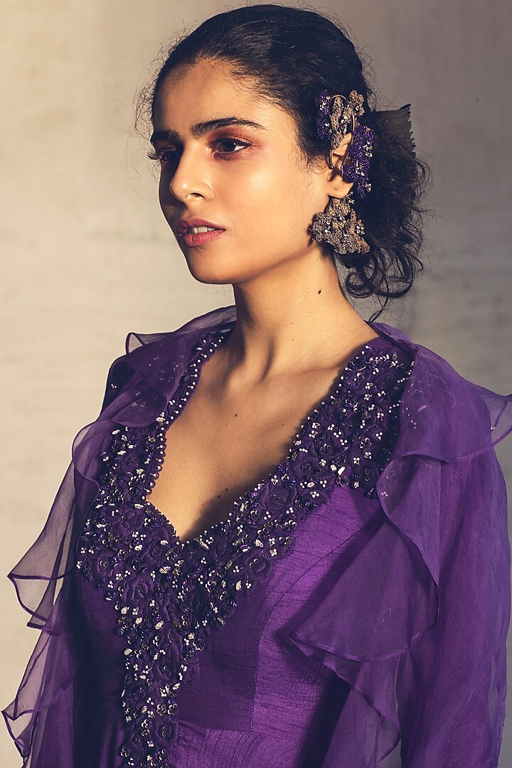 Purple Embroidered Party Wear Anarkali With Cape by Parul & Preyanka at Pernia's Pop Up Shop