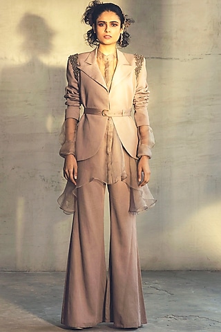 Dirty Pink Embroidered Pant Set With Jacket by Parul & Preyanka