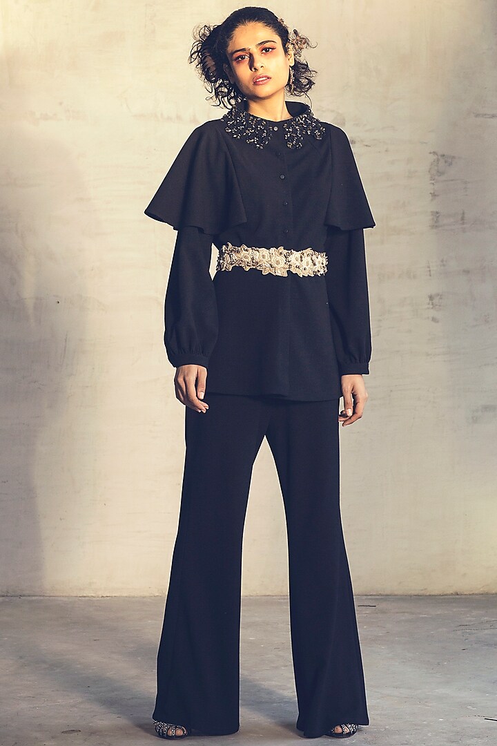 Black Embroidered Flared Pant Set by Parul & Preyanka