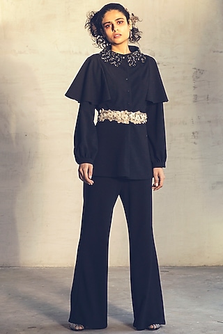 Black Embroidered Flared Pant Set by Parul & Preyanka