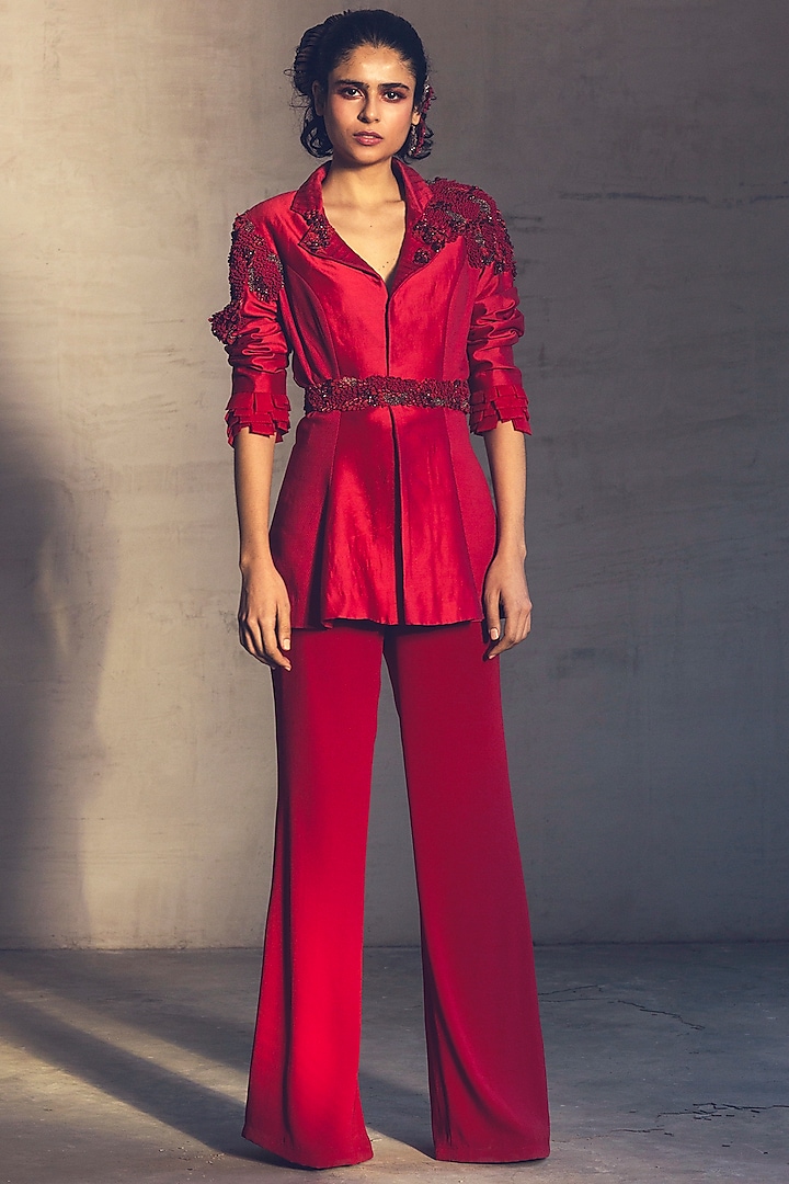 Red Embroidered Pant Set by Parul & Preyanka at Pernia's Pop Up Shop