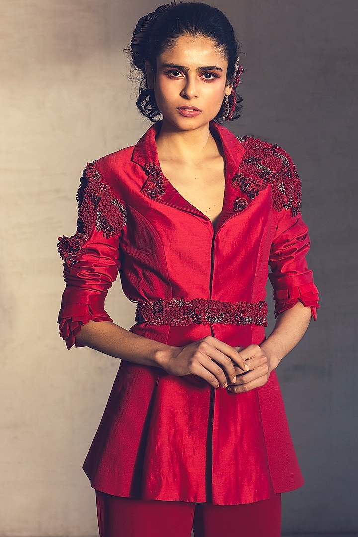 Red Embroidered Pant Set by Parul & Preyanka at Pernia's Pop Up Shop