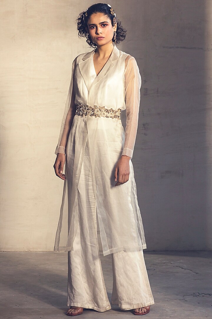 White Embroidered Jumpsuit With Trench Jacket & Belt by Parul & Preyanka